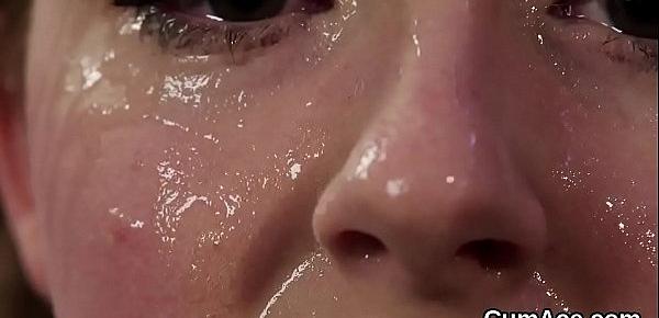  Kinky stunner gets cum shot on her face swallowing all the juice